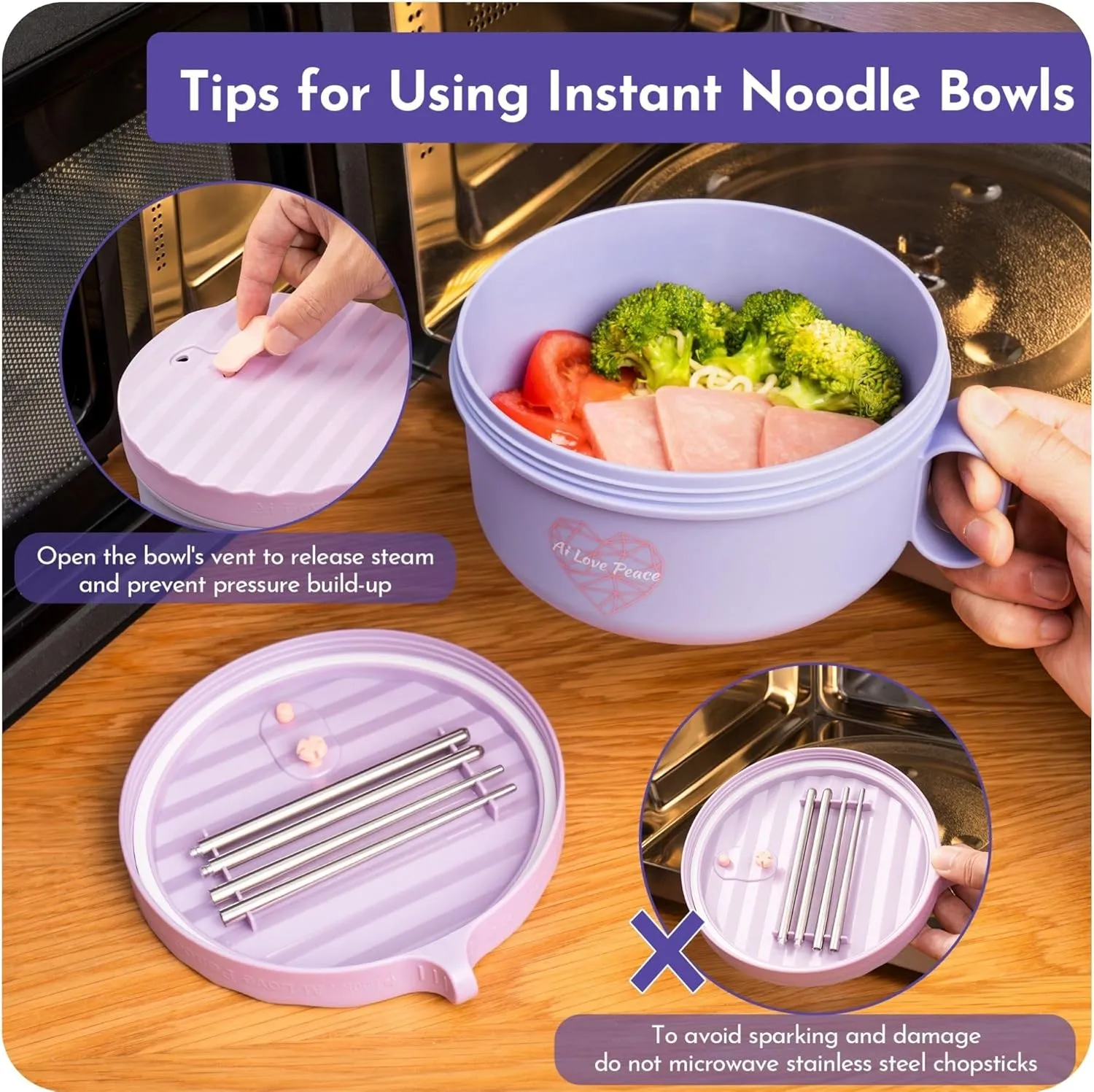 AI LOVE PEACE Ramen Bowls, 40 oz Large Microwavable Noodle Bowls (1 Blue, 1 Purple) with Chopsticks, Sporks, and Utensil Bag, Portable Microwave Bowl for Home, Office, Dorm, or College Gift.
