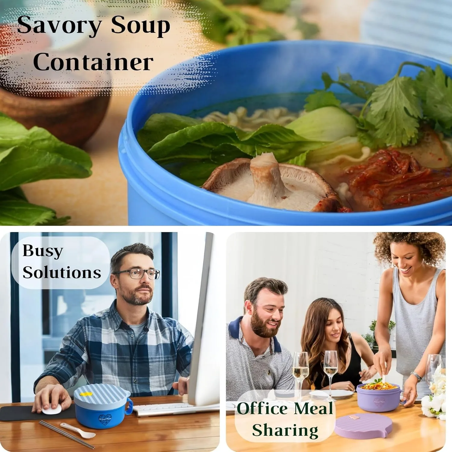 AI LOVE PEACE Ramen Bowls, 40 oz Large Microwavable Noodle Bowls (1 Blue, 1 Purple) with Chopsticks, Sporks, and Utensil Bag, Portable Microwave Bowl for Home, Office, Dorm, or College Gift.