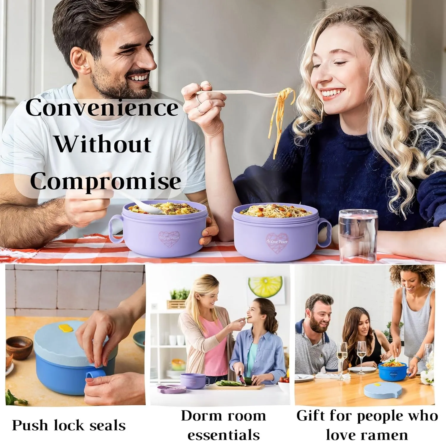 AI LOVE PEACE Ramen Bowls, 40 oz Large Microwavable Noodle Bowls (1 Blue, 1 Purple) with Chopsticks, Sporks, and Utensil Bag, Portable Microwave Bowl for Home, Office, Dorm, or College Gift.