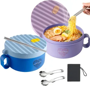 AI LOVE PEACE Ramen Bowls, 40 oz Large Microwavable Noodle Bowls (1 Blue, 1 Purple) with Chopsticks, Sporks, and Utensil Bag, Portable Microwave Bowl for Home, Office, Dorm, or College Gift.