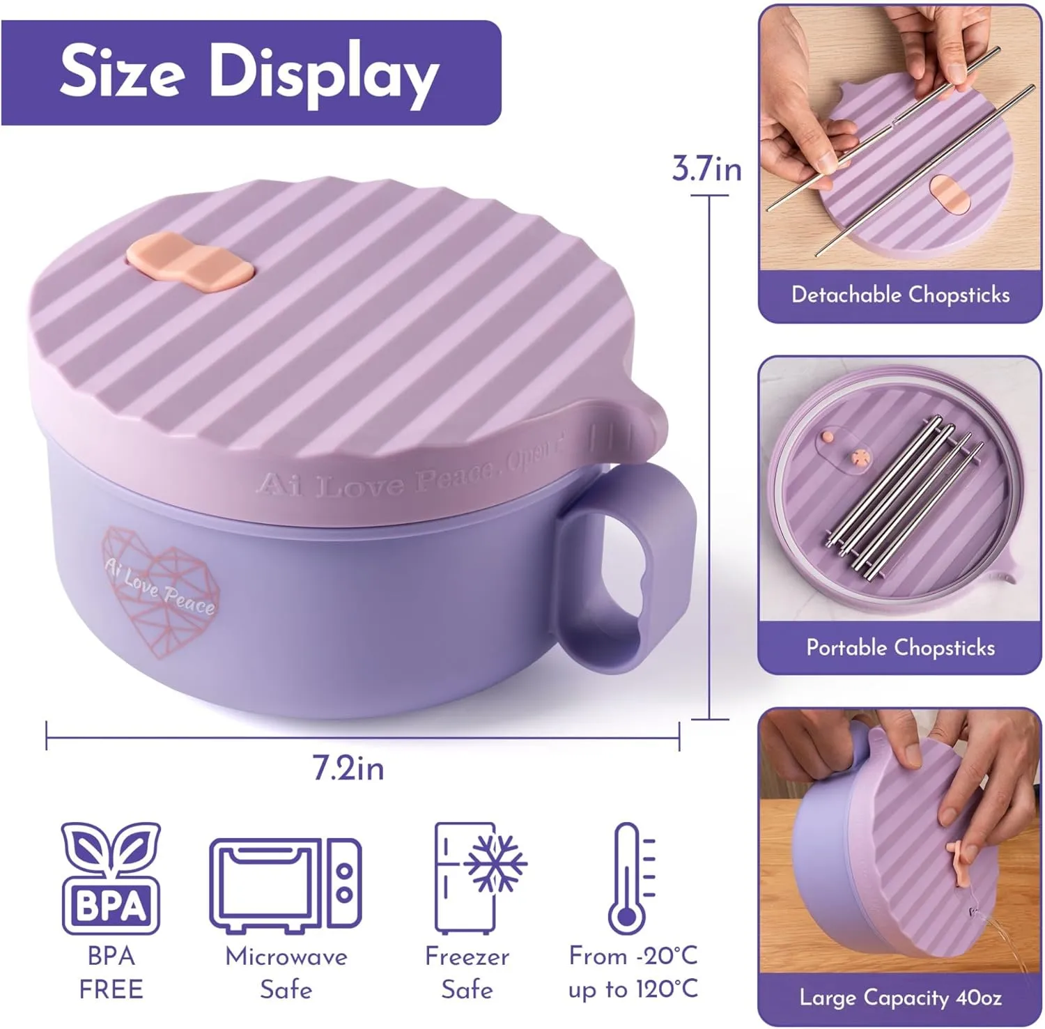 AI LOVE PEACE Ramen Bowls, 40 oz Large Microwavable Noodle Bowls (1 Blue, 1 Purple) with Chopsticks, Sporks, and Utensil Bag, Portable Microwave Bowl for Home, Office, Dorm, or College Gift.