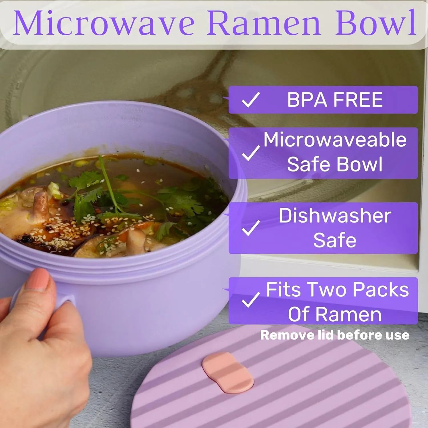 AI LOVE PEACE Ramen Bowls, 40 oz Large Microwavable Noodle Bowls (2 Purple) with Chopsticks, Sporks, and Utensil Bag, Portable Microwave Bowl for Home, Office, Dorm, or College Gift.