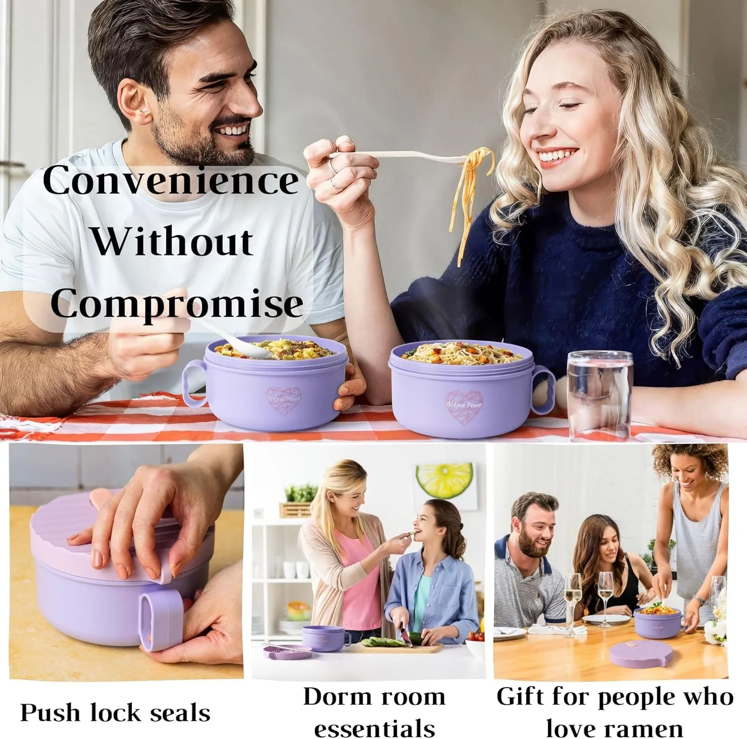 AI LOVE PEACE Ramen Bowls, 40 oz Large Microwavable Noodle Bowls (2 Purple) with Chopsticks, Sporks, and Utensil Bag, Portable Microwave Bowl for Home, Office, Dorm, or College Gift.
