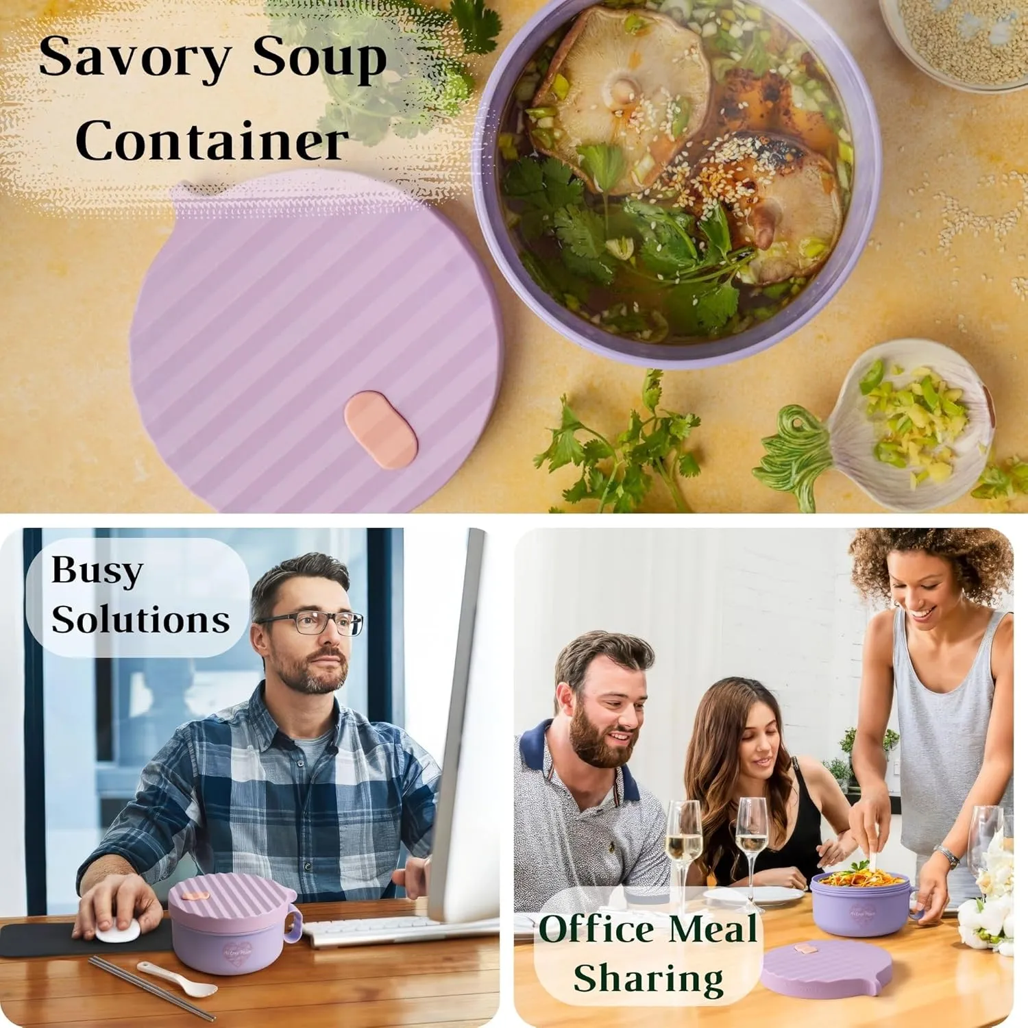 AI LOVE PEACE Ramen Bowls, 40 oz Large Microwavable Noodle Bowls (2 Purple) with Chopsticks, Sporks, and Utensil Bag, Portable Microwave Bowl for Home, Office, Dorm, or College Gift.