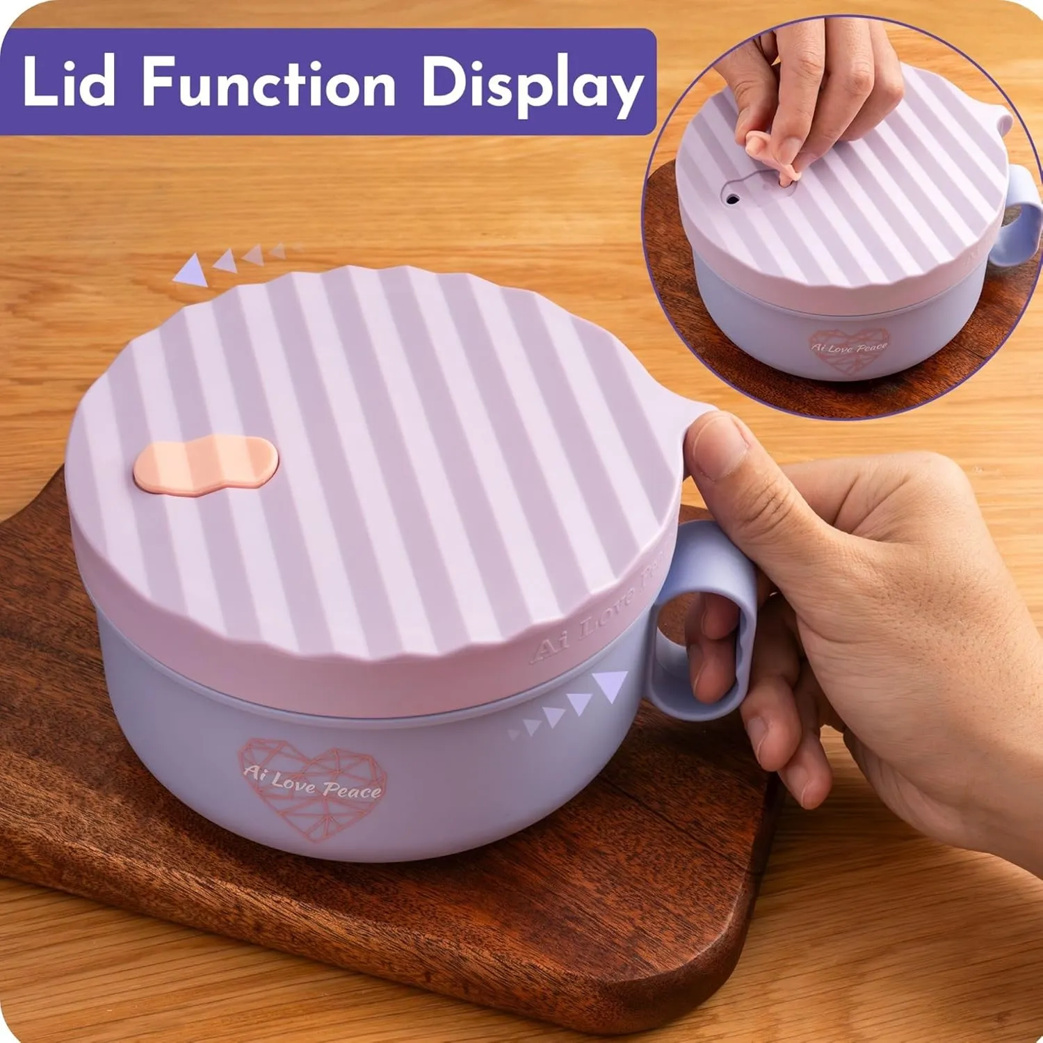 AI LOVE PEACE Ramen Bowls, 40 oz Large Microwavable Noodle Bowls (2 Purple) with Chopsticks, Sporks, and Utensil Bag, Portable Microwave Bowl for Home, Office, Dorm, or College Gift.