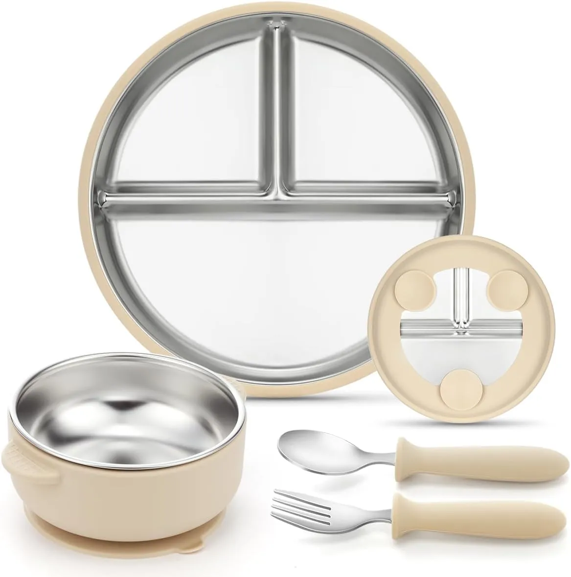 Aieve Stainless Steel Kids Plates and Bowls with Suction,4 Pcs Kids Dinnerware Set Including Spoon,Fork,Divided Toddler Suction Plates and Suction Bowls