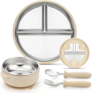 Aieve Stainless Steel Kids Plates and Bowls with Suction,4 Pcs Kids Dinnerware Set Including Spoon,Fork,Divided Toddler Suction Plates and Suction Bowls
