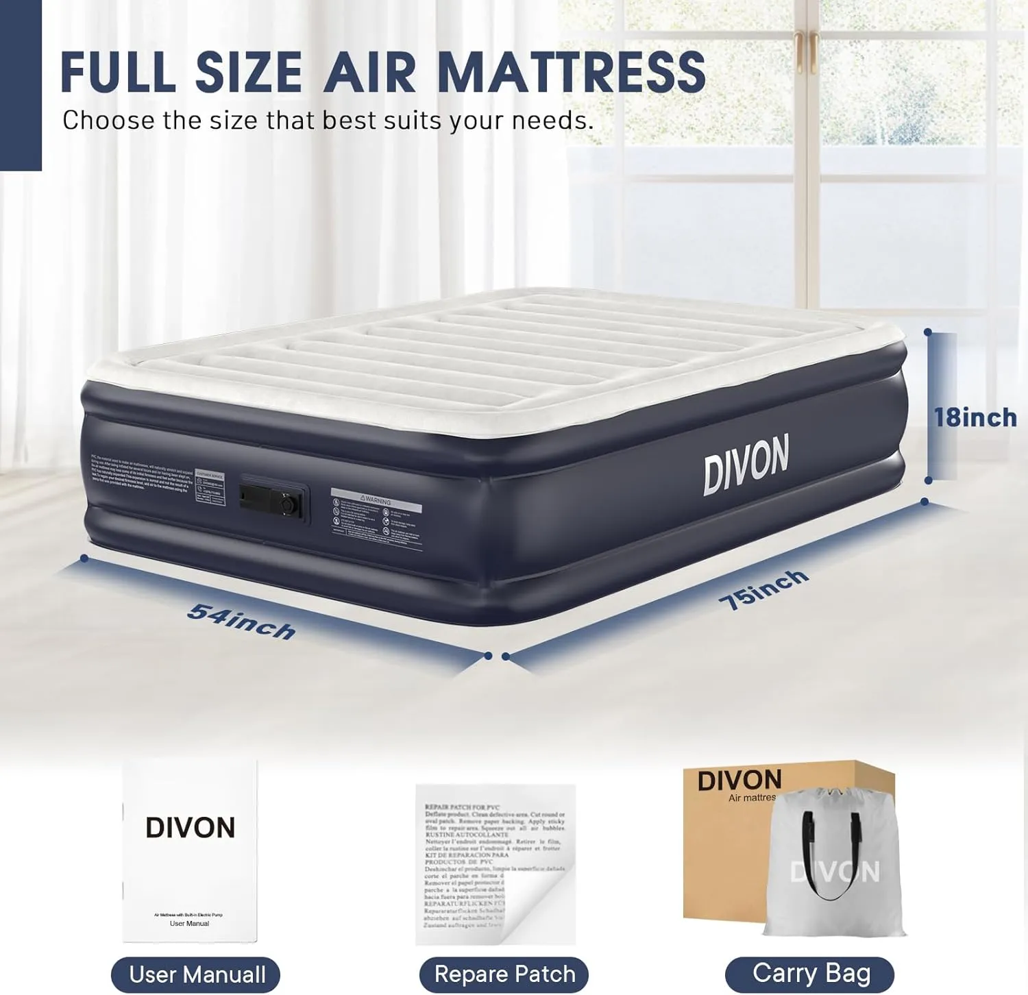 Air Mattress Full with Built in Pump,18''Raised Blow Up Mattress 2 Mins Self-Inflation/Deflation,Upgraded Thicker Inflatable Mattress，Air Bed with Storage Bag for Guests,Home，Camping，660 lbs Max