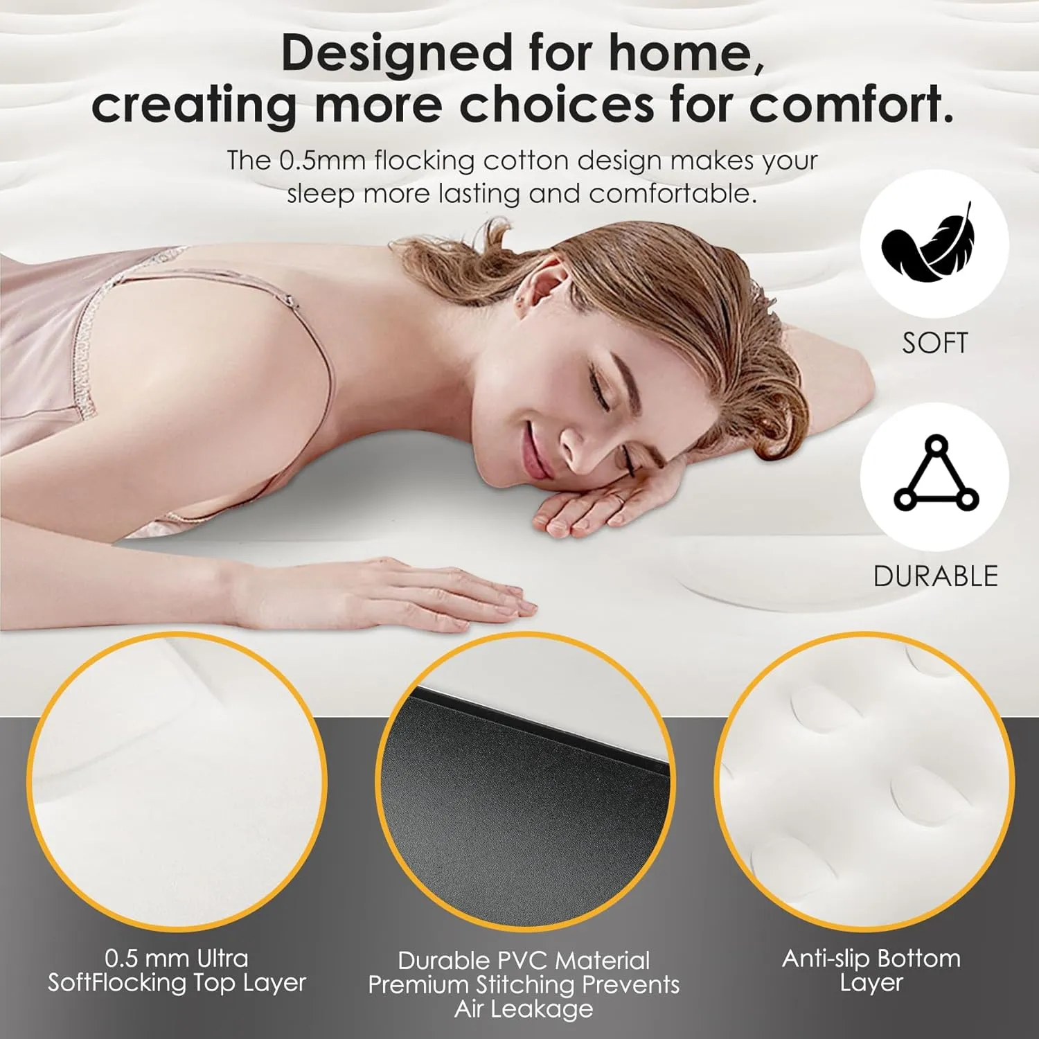 Air Mattress Queen with Built in Pump 16" Air Mattress Air Columns 660lbs Max Self Inflatable Blow Up Mattress in 3Mins Flocked Airbed with Carry Bag for Travel, Camping&Home (White)