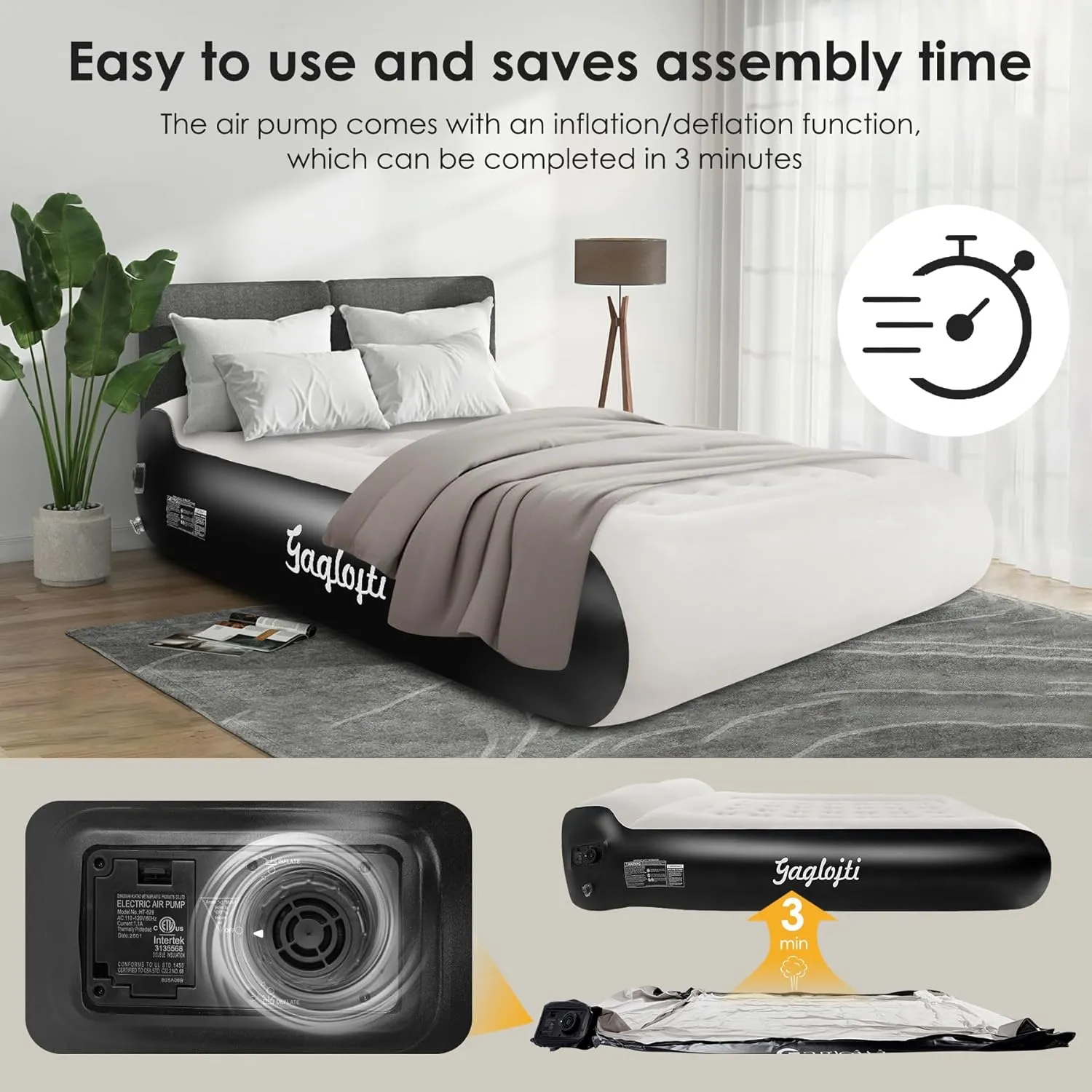 Air Mattress Queen with Built in Pump 16" Air Mattress Air Columns 660lbs Max Self Inflatable Blow Up Mattress in 3Mins Flocked Airbed with Carry Bag for Travel, Camping&Home (White)
