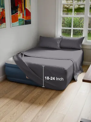 Air Mattress Sheet Set for Queen Size - 4 Piece Breathable & Cooling Sheets w/ Extra Deep Pockets - Fits Inflatable & Blow Up Air Mattresses Up to 24 Inches Thick - Soft and Wrinkle Free - Dark Grey