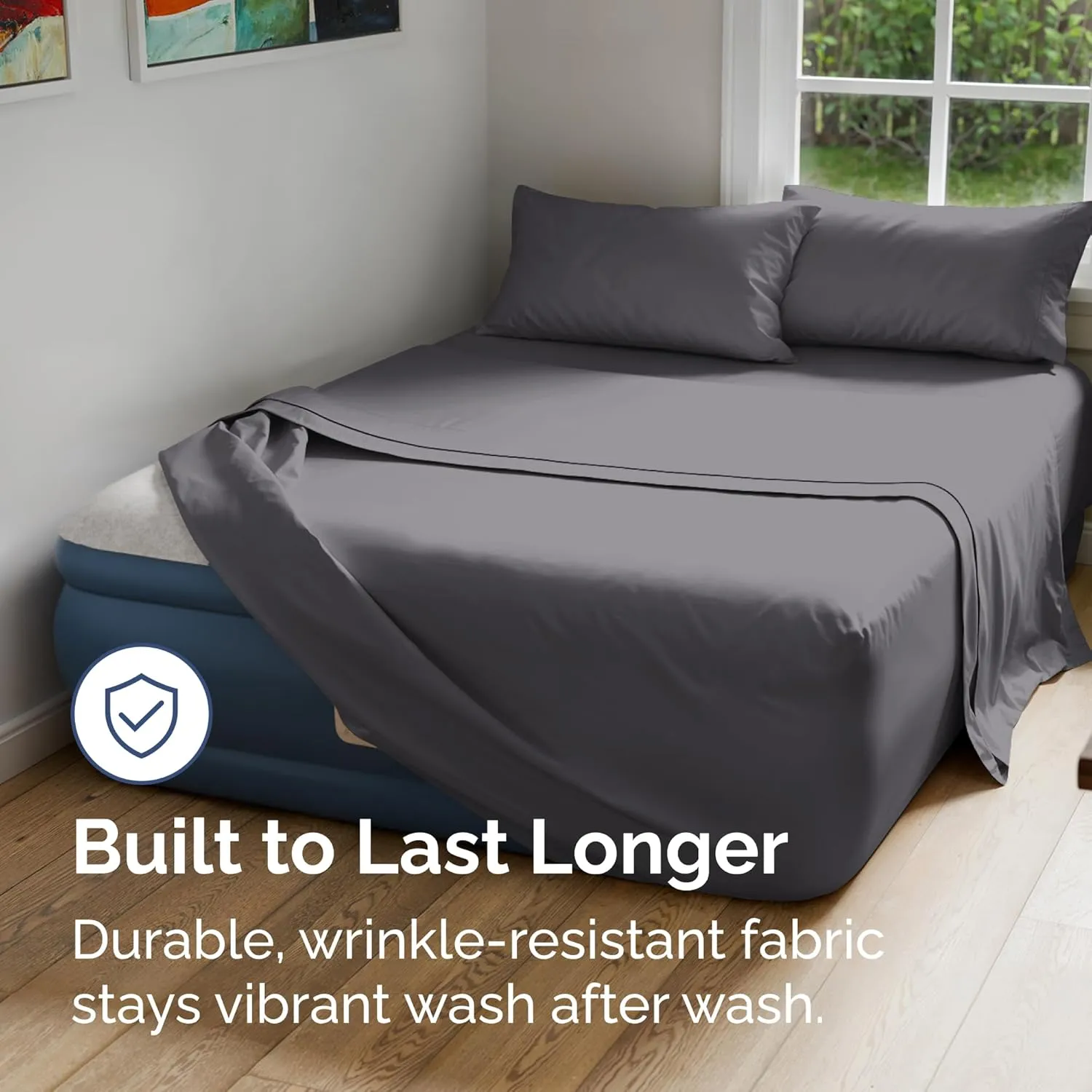 Air Mattress Sheet Set for Queen Size - 4 Piece Breathable & Cooling Sheets w/ Extra Deep Pockets - Fits Inflatable & Blow Up Air Mattresses Up to 24 Inches Thick - Soft and Wrinkle Free - Dark Grey