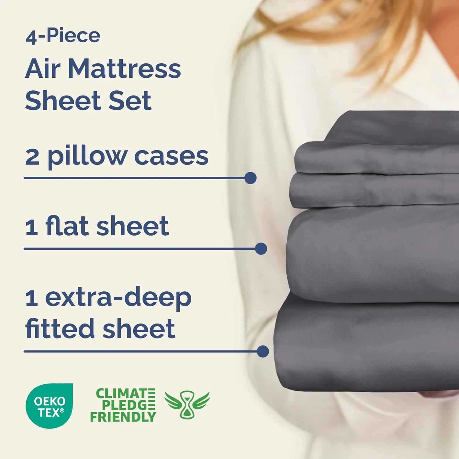 Air Mattress Sheet Set for Queen Size - 4 Piece Breathable & Cooling Sheets w/ Extra Deep Pockets - Fits Inflatable & Blow Up Air Mattresses Up to 24 Inches Thick - Soft and Wrinkle Free - Dark Grey