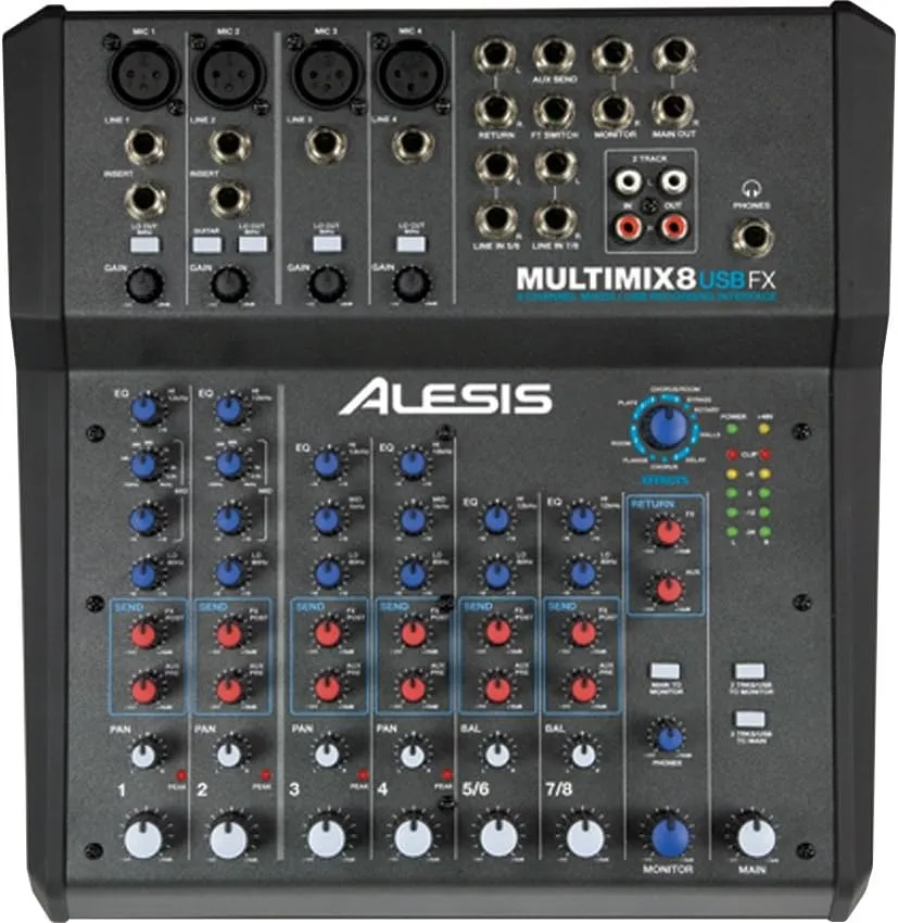 Alesis MultiMix 8 USB FX – 8 Channel Compact Studio Mixer with Built In Effects & USB Audio Interface for Live Sound and Home Studio Recording