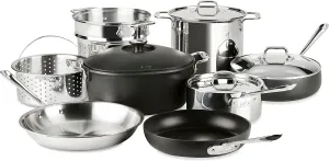 All-Clad Multi Material, Tri-Ply Stainless Steel, HA1, Cast Aluminum Cookware Set 12-Piece, Oven Broiler Safe 500F, Kitchen Set w/Fry Pans, Sauce pan, Sautepan, Cocotte, Multipot, Lids, Silver/Black