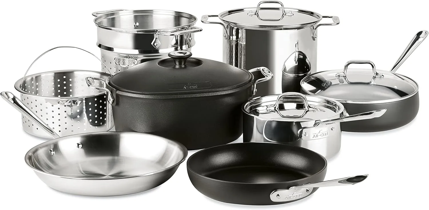 All-Clad Multi Material, Tri-Ply Stainless Steel, HA1, Cast Aluminum Cookware Set 12-Piece, Oven Broiler Safe 500F, Kitchen Set w/Fry Pans, Sauce pan, Sautepan, Cocotte, Multipot, Lids, Silver/Black