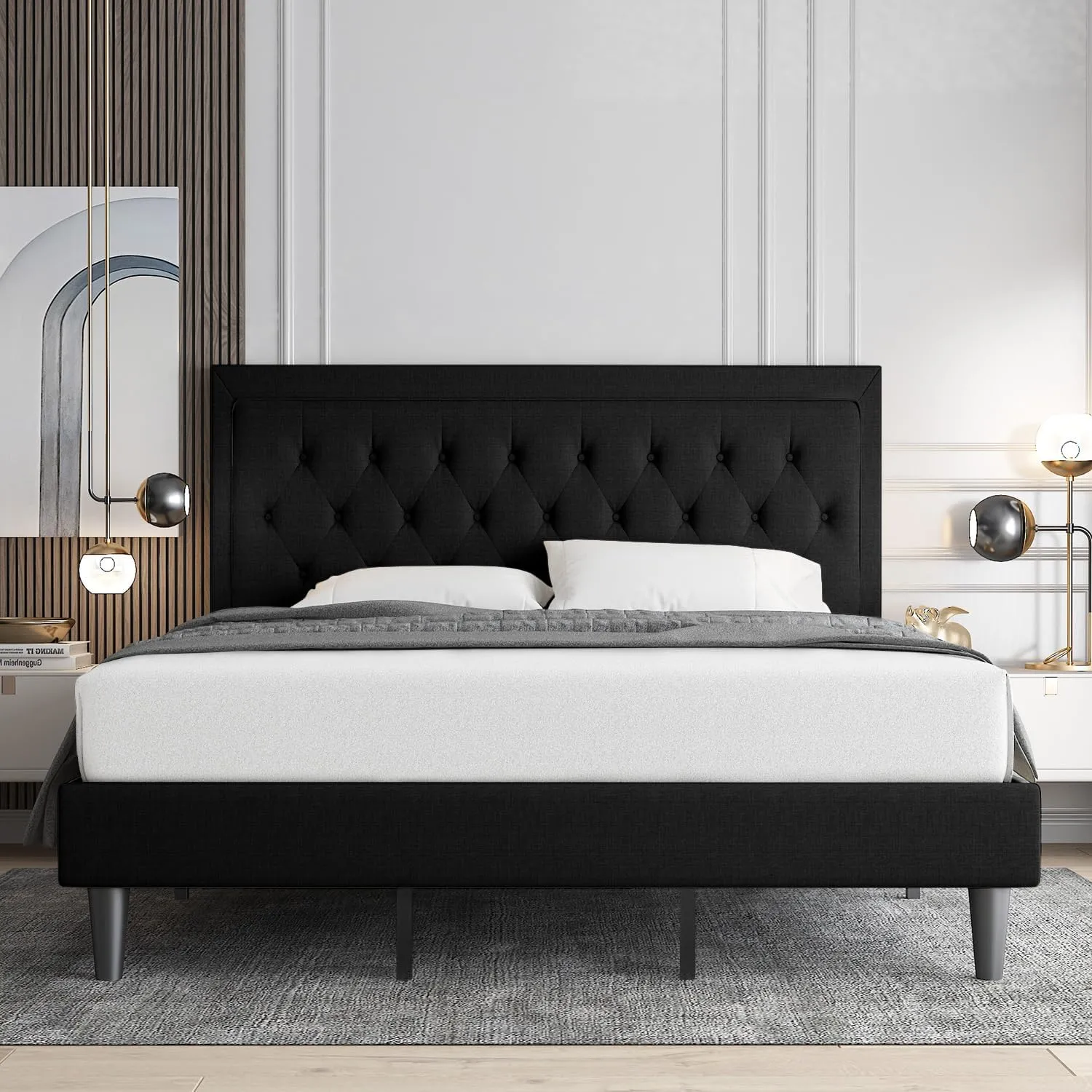 Allewie King Size Upholstered Platform Bed Frame with Adjustable Headboard, Button Tufted, Wood Slat Support, Easy Assembly, Black