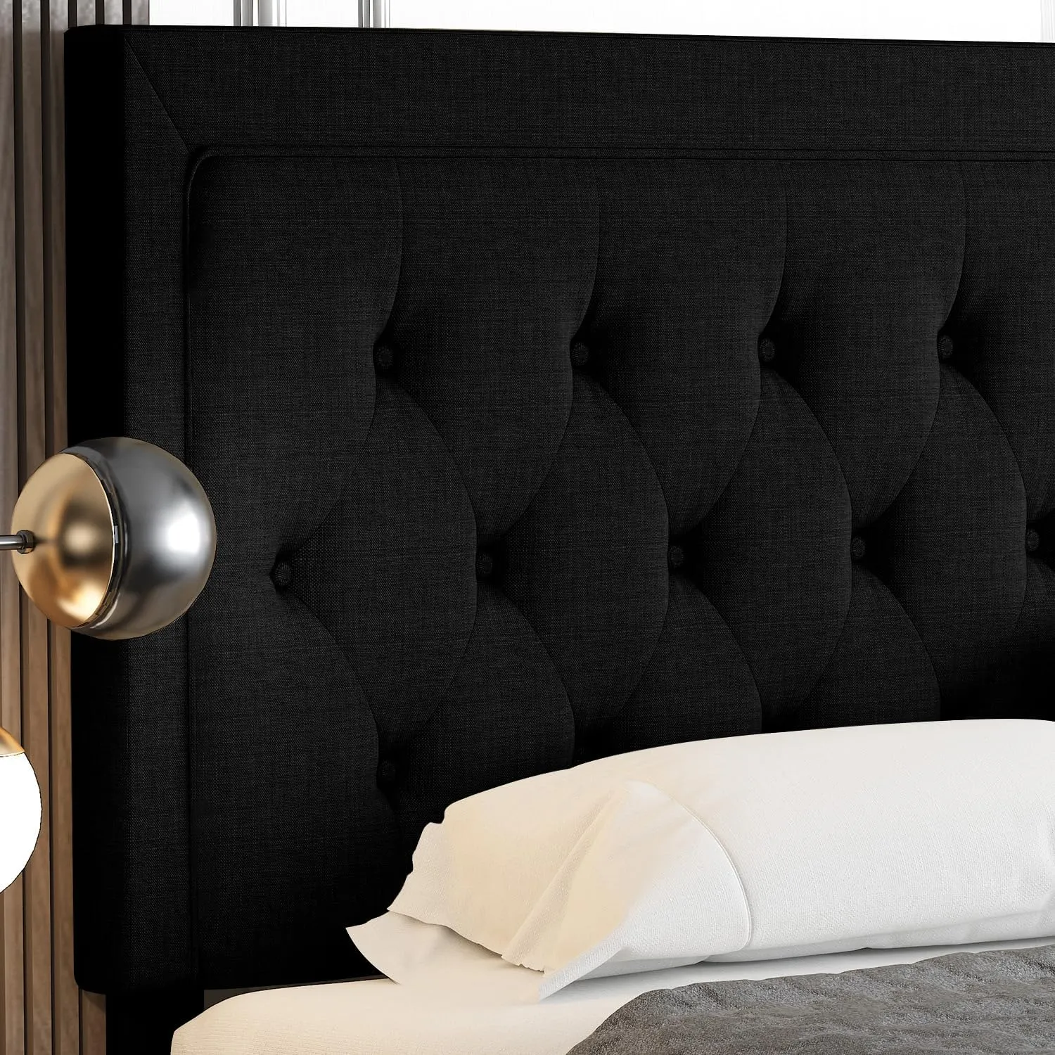Allewie King Size Upholstered Platform Bed Frame with Adjustable Headboard, Button Tufted, Wood Slat Support, Easy Assembly, Black