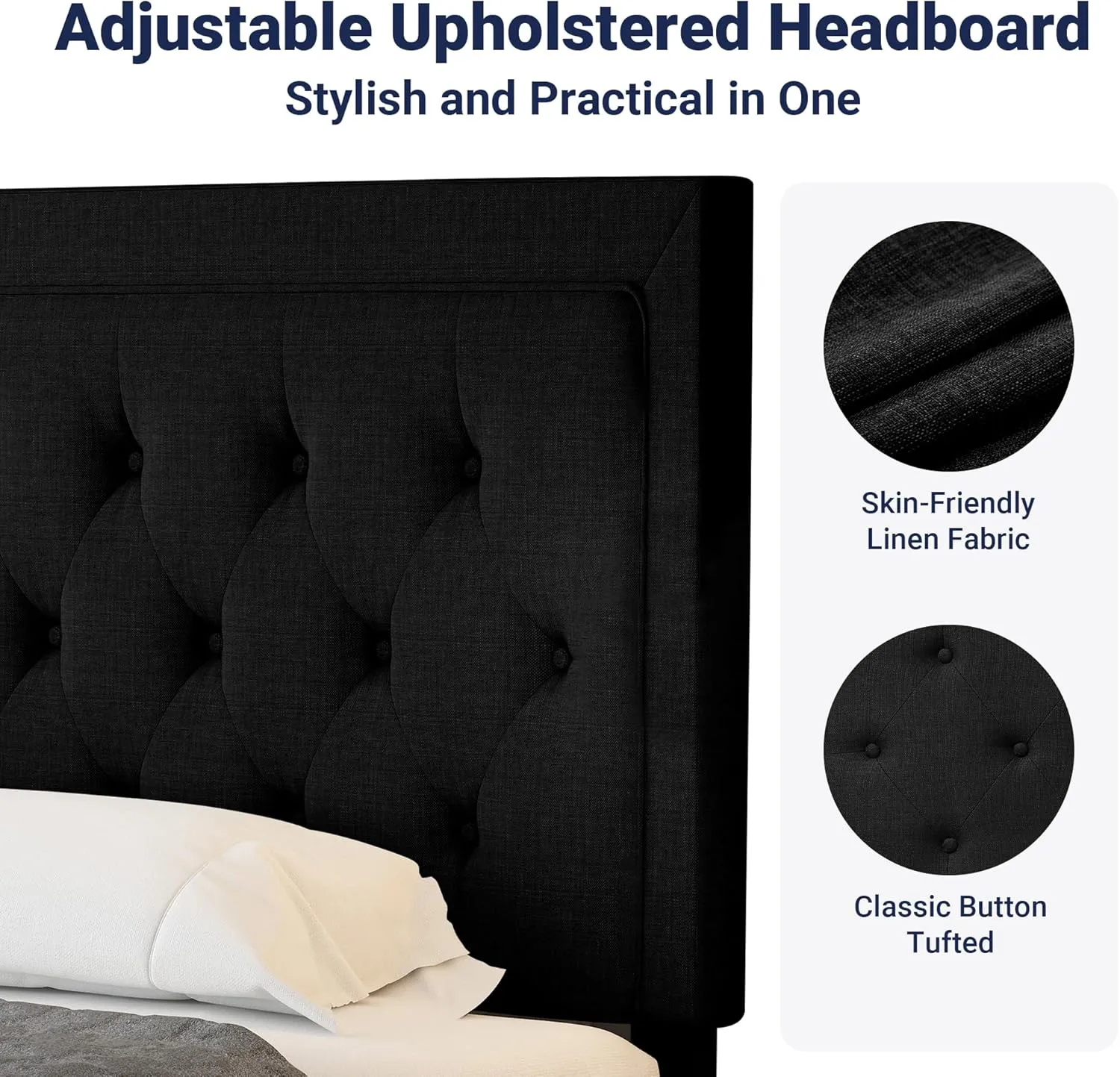 Allewie King Size Upholstered Platform Bed Frame with Adjustable Headboard, Button Tufted, Wood Slat Support, Easy Assembly, Black