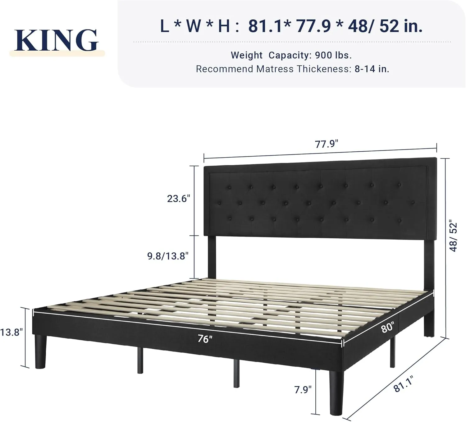 Allewie King Size Upholstered Platform Bed Frame with Adjustable Headboard, Button Tufted, Wood Slat Support, Easy Assembly, Black