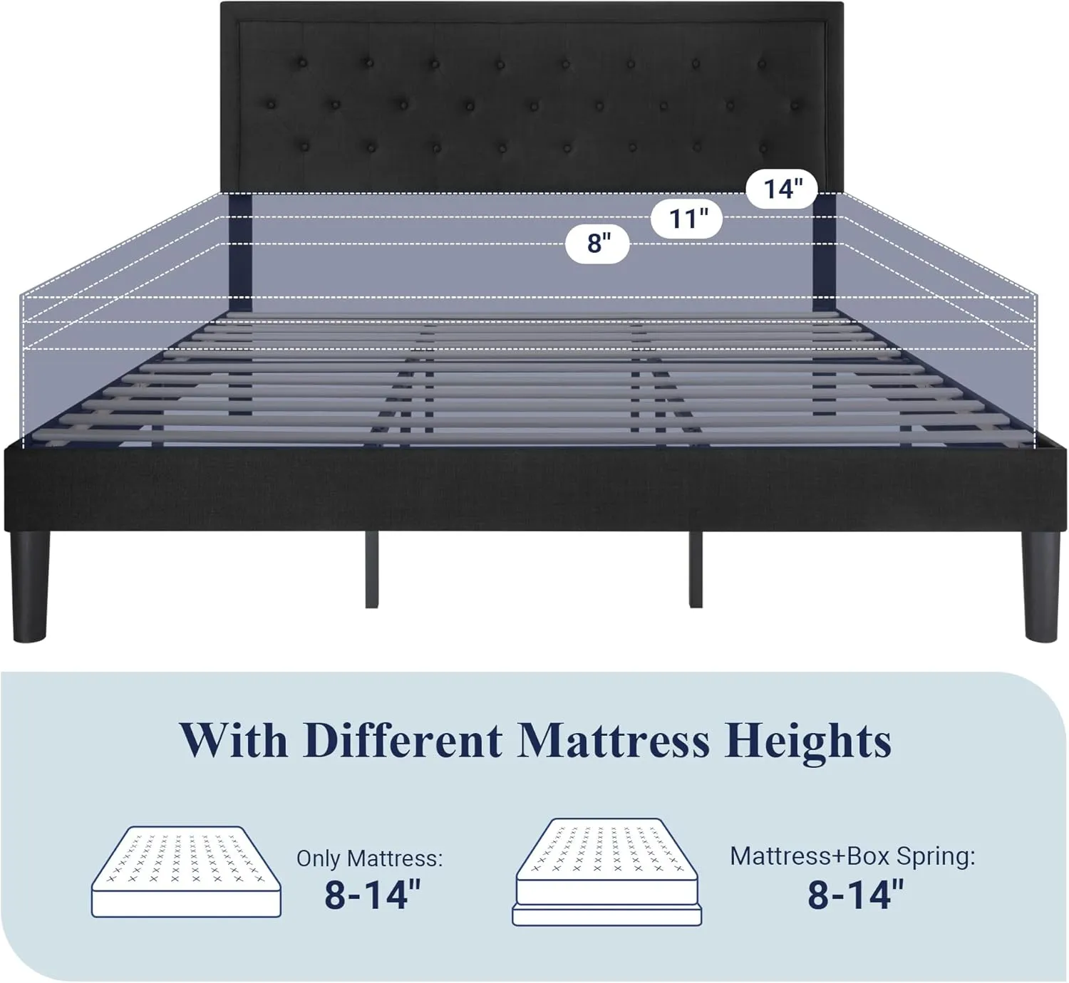 Allewie King Size Upholstered Platform Bed Frame with Adjustable Headboard, Button Tufted, Wood Slat Support, Easy Assembly, Black