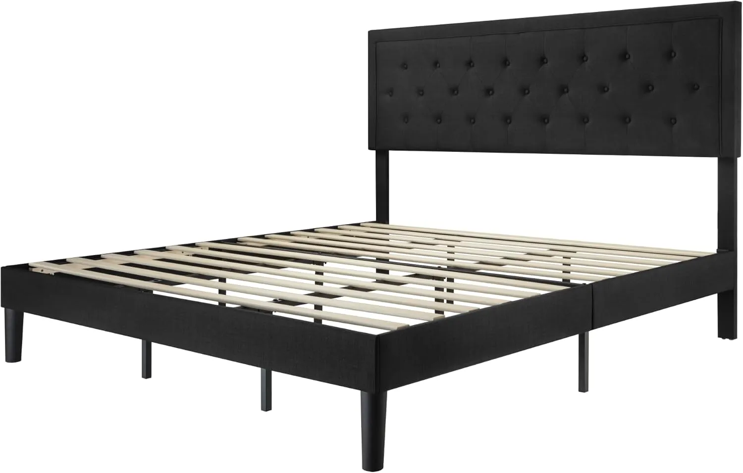Allewie King Size Upholstered Platform Bed Frame with Adjustable Headboard, Button Tufted, Wood Slat Support, Easy Assembly, Black