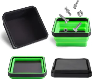 ALOANES Magnetic Parts Tray Set-Collapsible Magnetic Tool Tray Small Parts Organiser with Double Magnet, Magnetic Bowl for Fixing Nuts and Bolts (Black&Green)