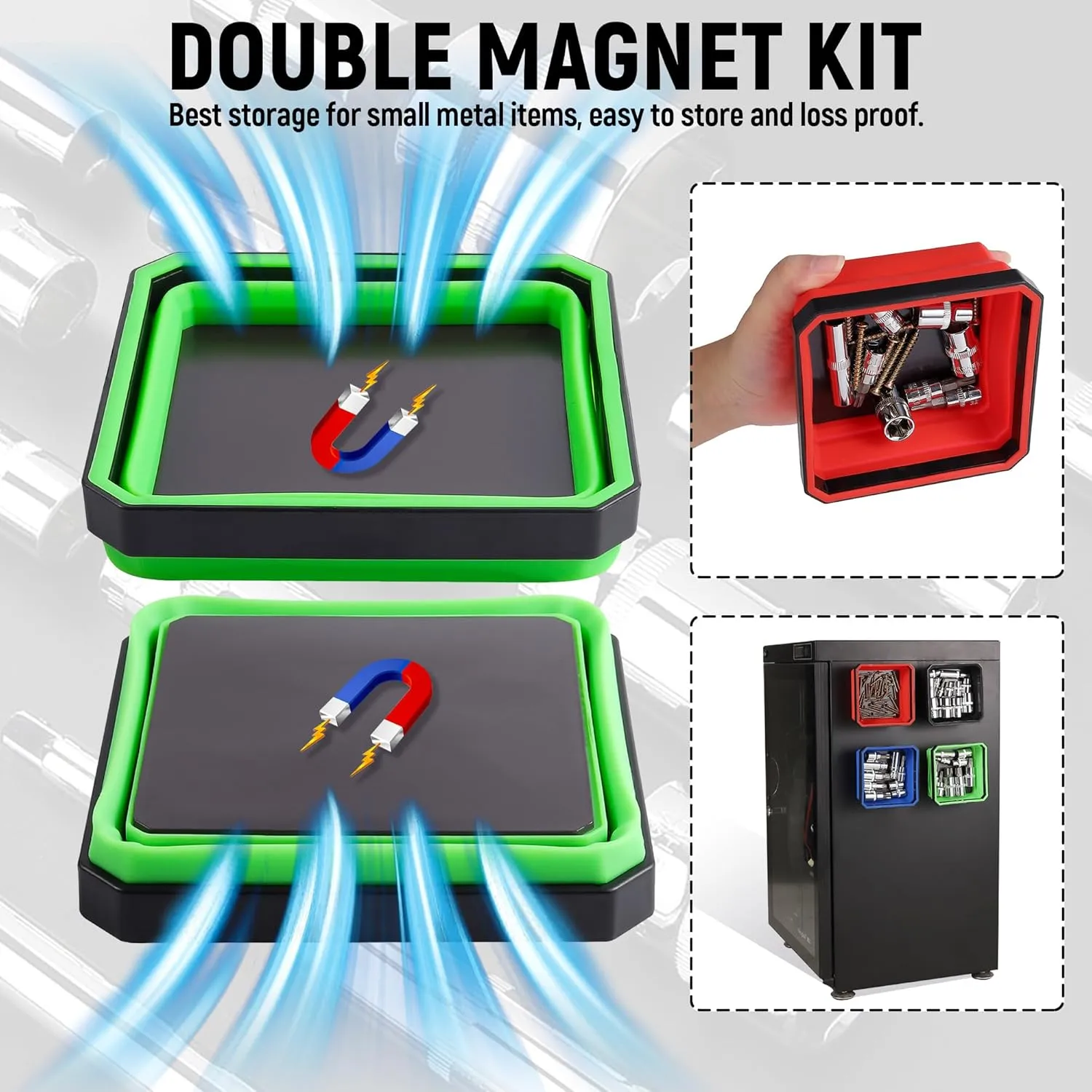 ALOANES Magnetic Parts Tray Set-Collapsible Magnetic Tool Tray Small Parts Organiser with Double Magnet, Magnetic Bowl for Fixing Nuts and Bolts (Black&Green)