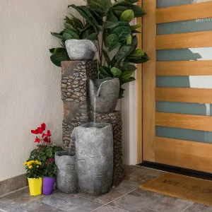 Alpine Corporation 42" Outdoor 4-Tier Stone Bowl Fountain with LED Lights – Decorative Garden Water Feature for Patio, Backyard, and Landscape Décor, Gray