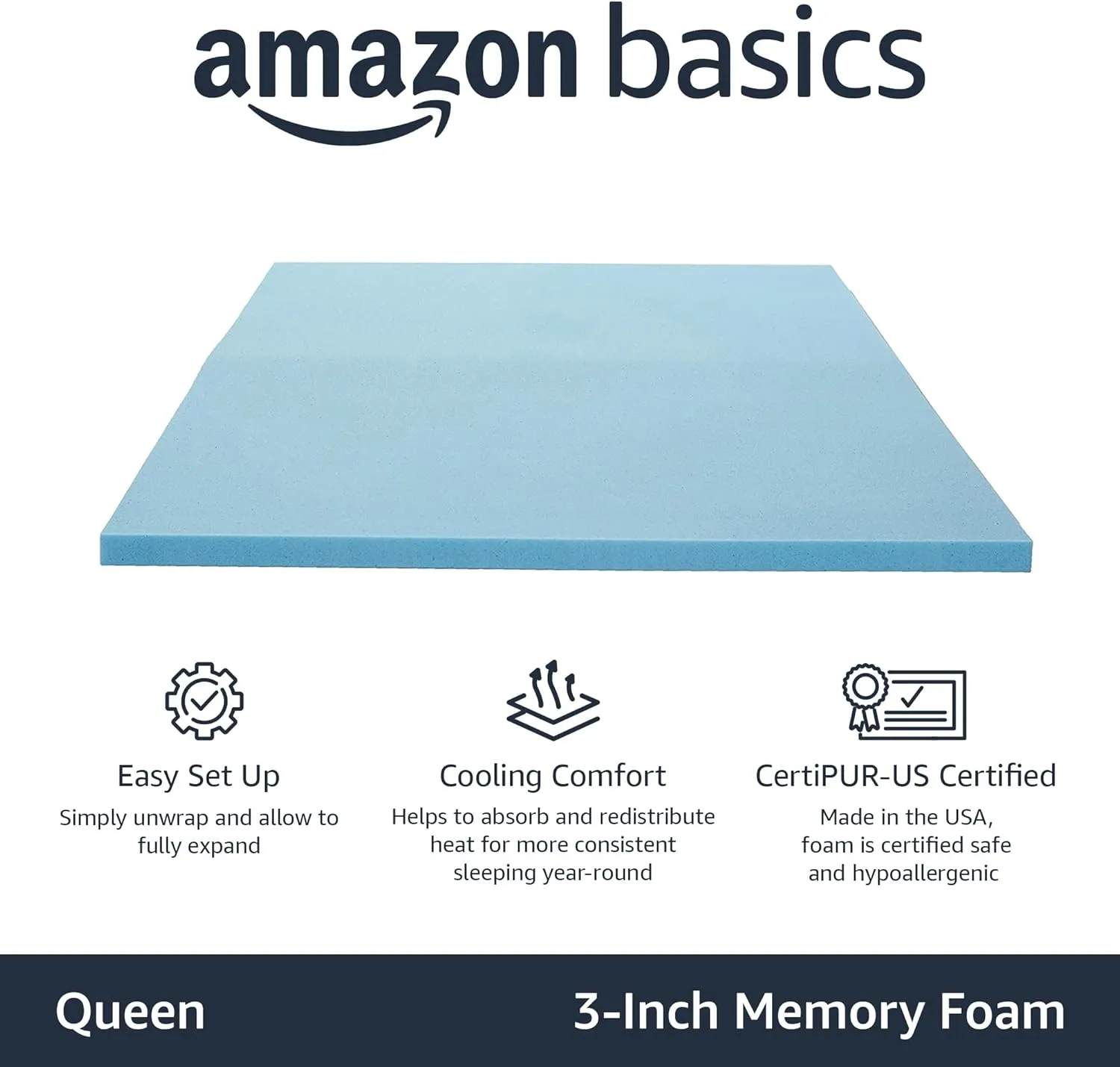 Amazon Basics Cooling Gel-Infused Memory Foam Mattress Topper, CertiPUR-US Certified, 3 inches, Queen, Blue