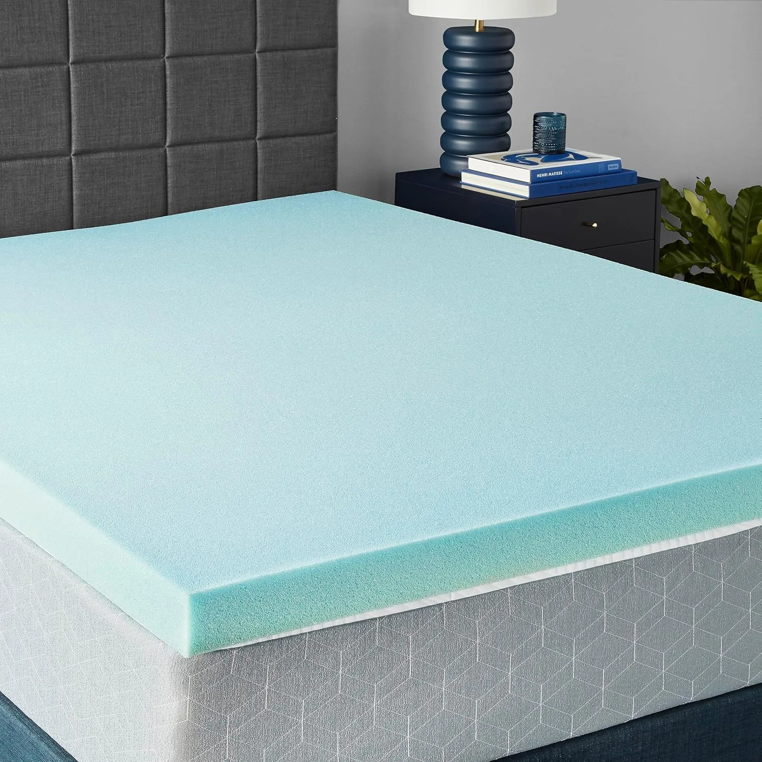 Amazon Basics Cooling Gel-Infused Memory Foam Mattress Topper, CertiPUR-US Certified, 3 inches, Queen, Blue