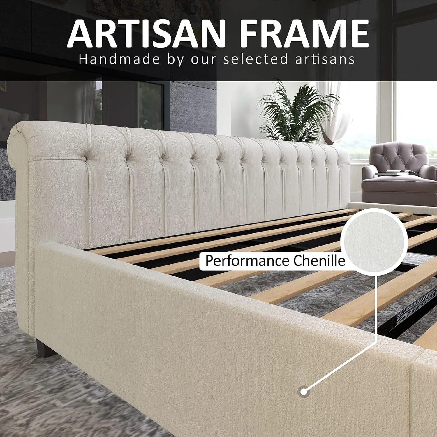 AMERLIFE King Size Platform Bed Frame, Chenille Upholstered Sleigh Bed with Scroll Wingback Headboard & Footboard/Button Tufted/No Box Spring Required/Cream