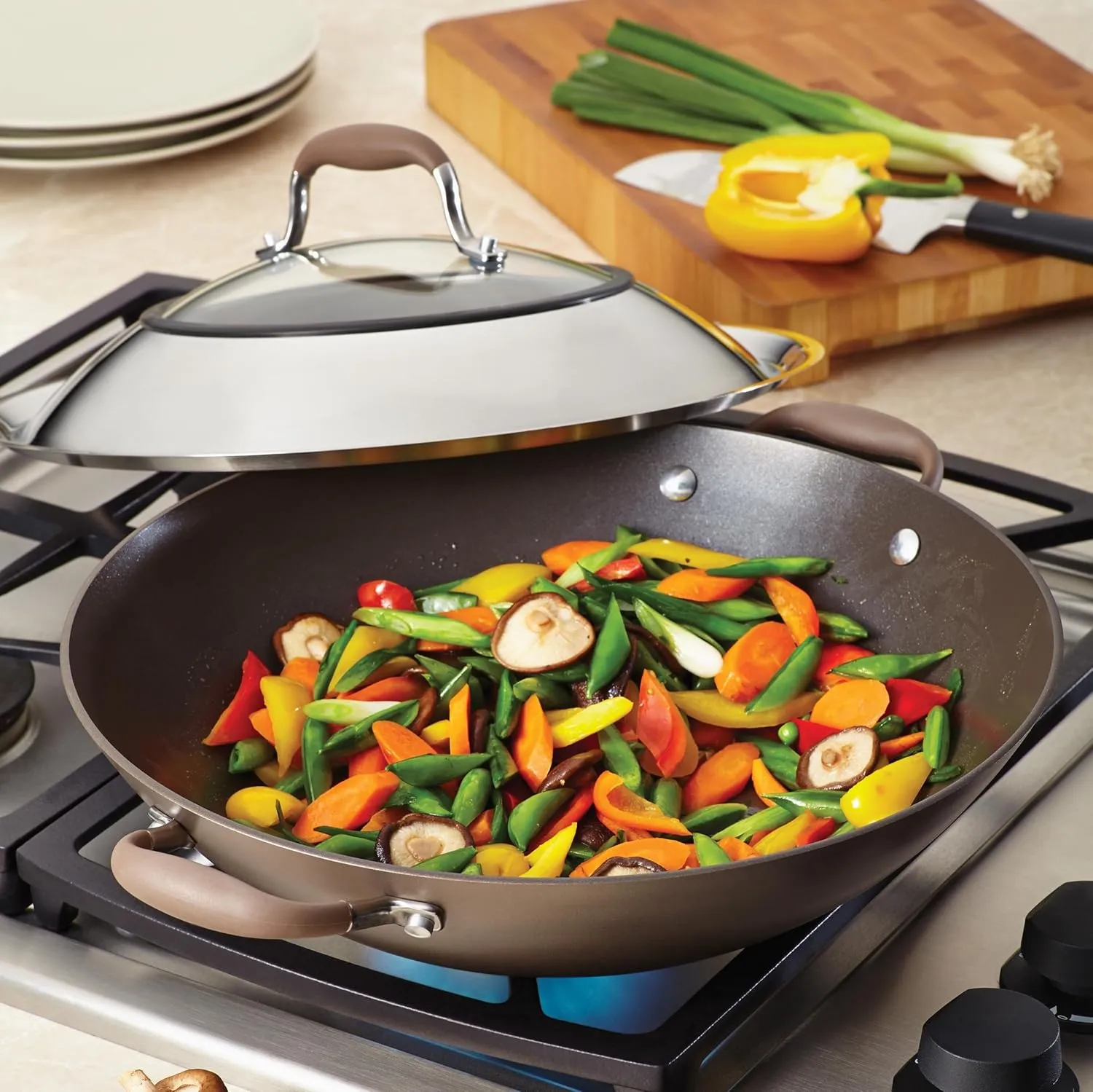 Anolon Advanced Hard Anodized Nonstick Stir Fry Wok Pan with Lid, 14 Inch, Bronze Brown