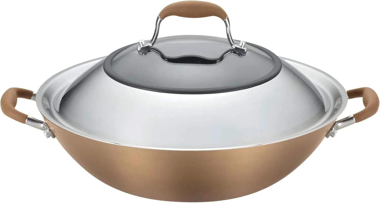 Anolon Advanced Hard Anodized Nonstick Stir Fry Wok Pan with Lid, 14 Inch, Bronze Brown