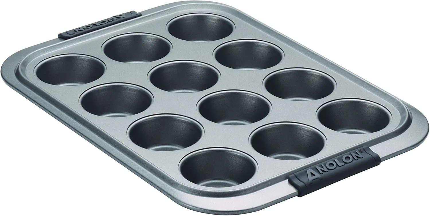 Anolon Advanced Muffin Nonstick 12-Cup Cupcake Tin With Silicone Grips, Gray,54710