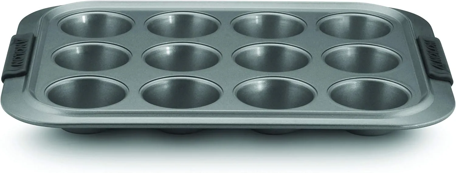 Anolon Advanced Muffin Nonstick 12-Cup Cupcake Tin With Silicone Grips, Gray,54710