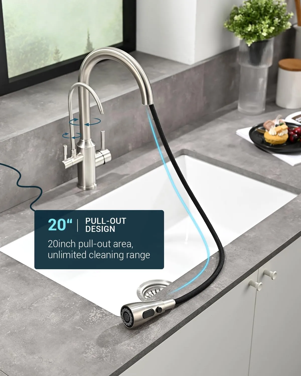 APPASO Kitchen Faucet with Water Filter, Pull Out 3 Way Sink Faucets with Sprayer, High Arch 2 Handle Faucet with Water Purifier - 3 in 1 Faucet Brushed Nickel (Without Water Filtration Device)
