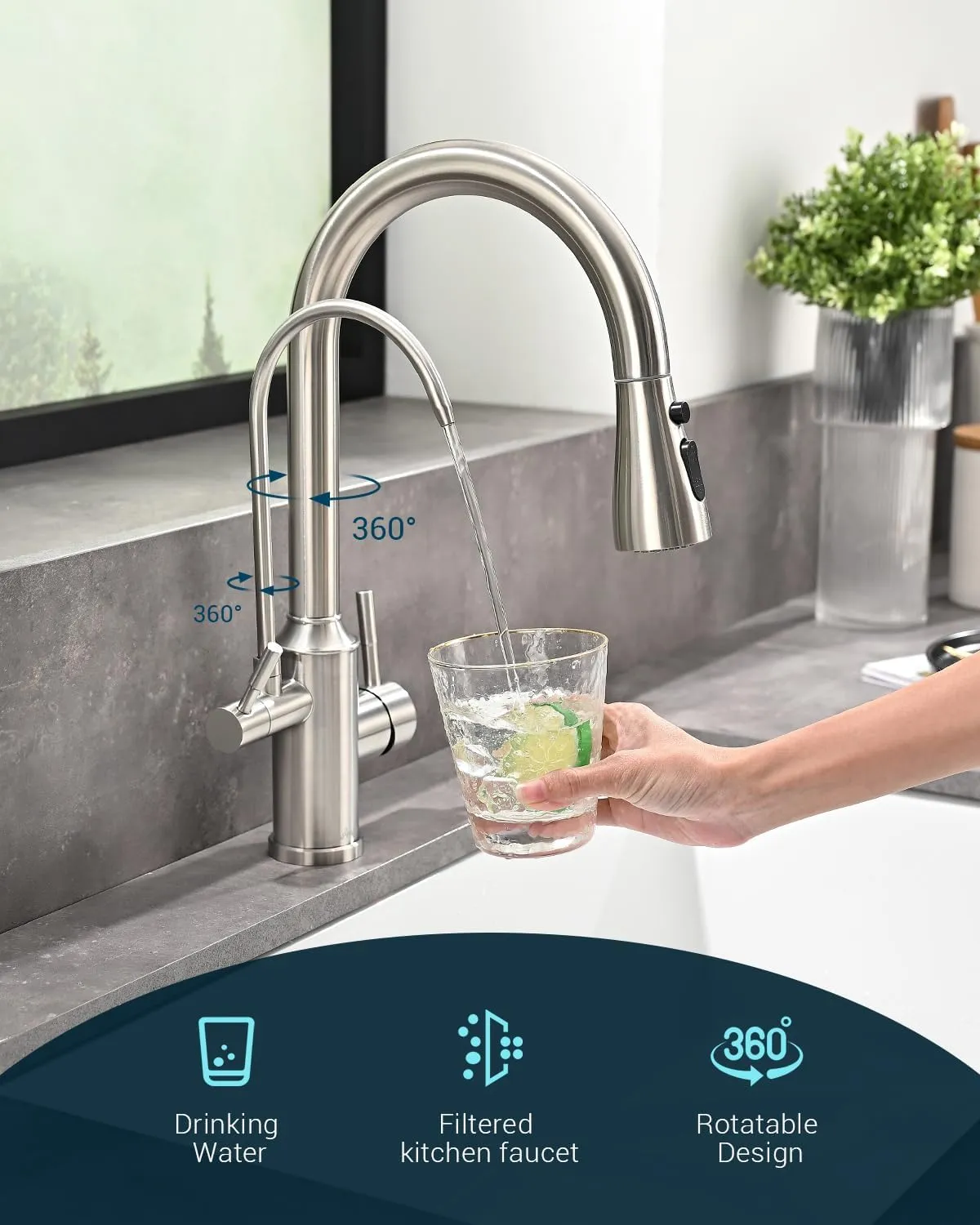 APPASO Kitchen Faucet with Water Filter, Pull Out 3 Way Sink Faucets with Sprayer, High Arch 2 Handle Faucet with Water Purifier - 3 in 1 Faucet Brushed Nickel (Without Water Filtration Device)