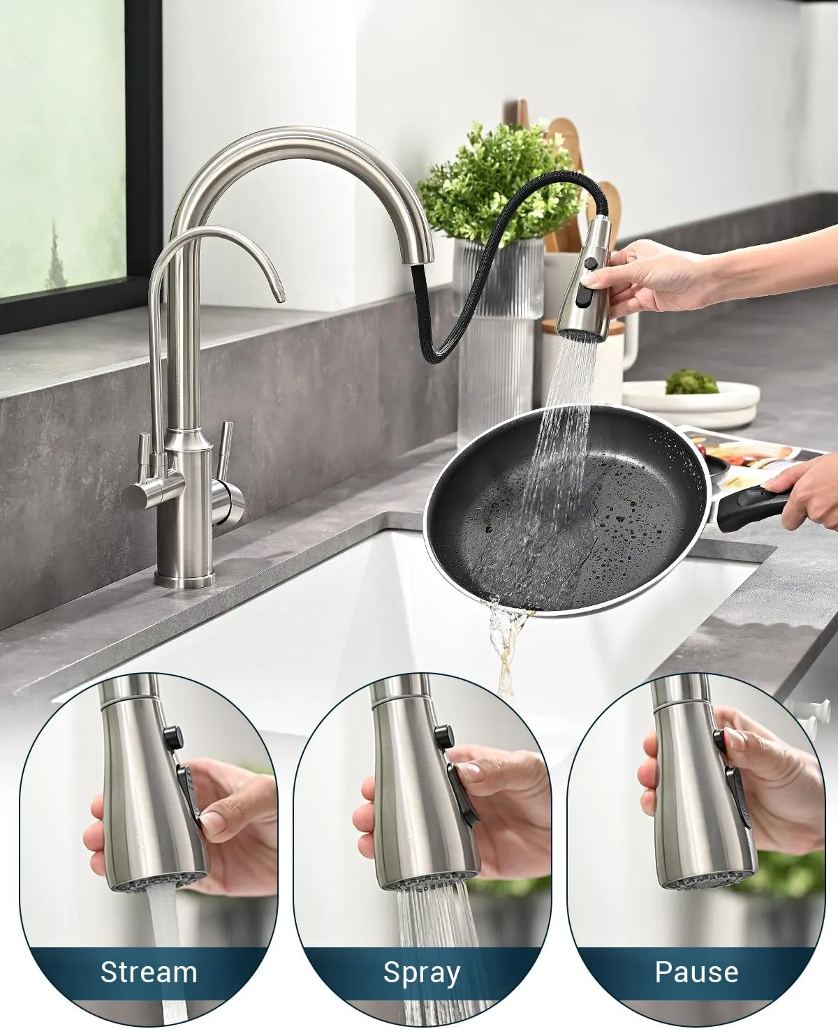 APPASO Kitchen Faucet with Water Filter, Pull Out 3 Way Sink Faucets with Sprayer, High Arch 2 Handle Faucet with Water Purifier - 3 in 1 Faucet Brushed Nickel (Without Water Filtration Device)