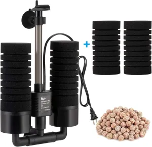 AQQA Aquarium Sponge Water Filter, Power Driven Double Biochemical Filter, Quiet Submersible Foam Filter with 2 Extra Sponges, 1 Bag of Filtered Ceramic Balls for Fresh and Salt Water Fish Tank (L)