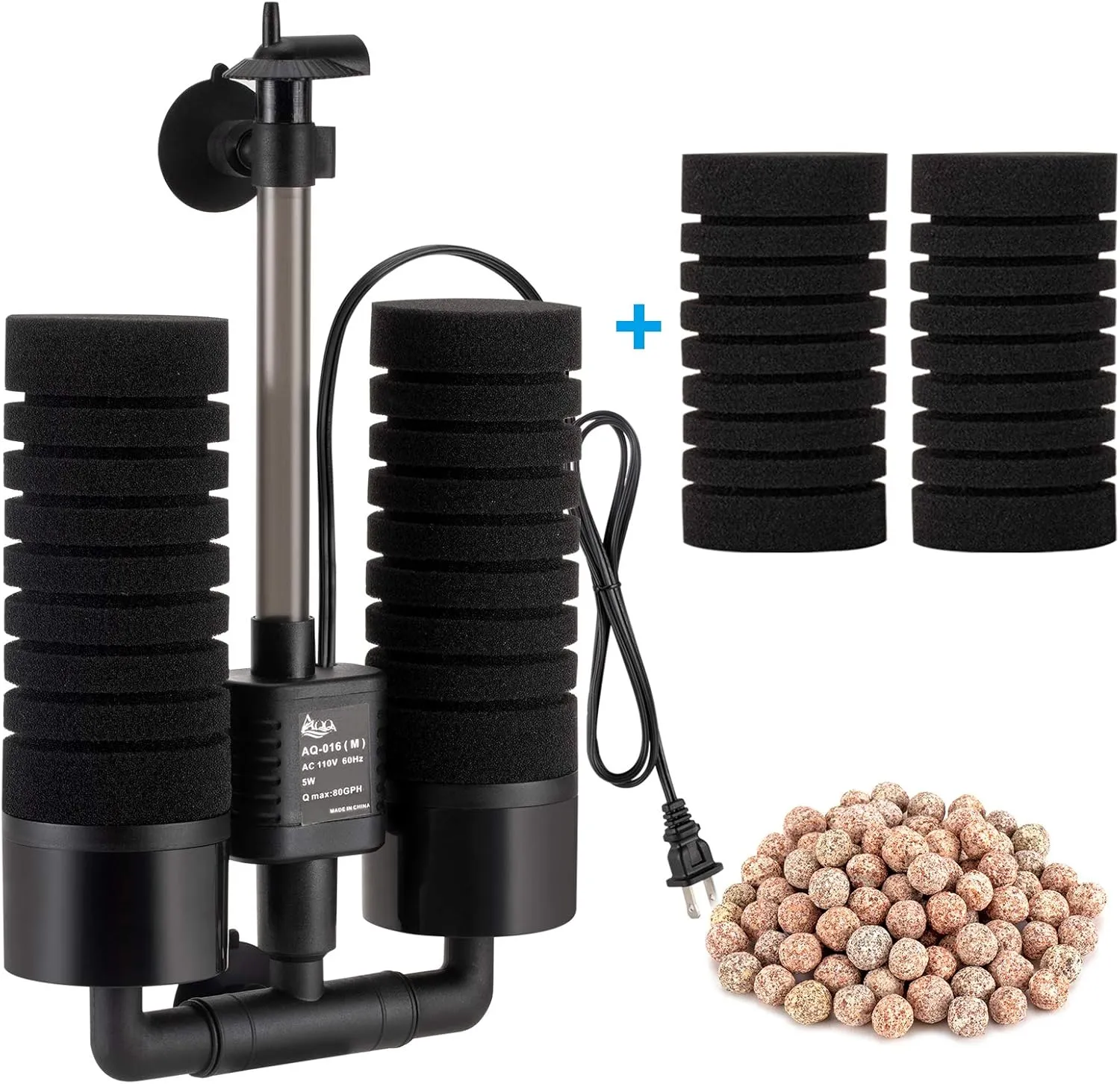 AQQA Aquarium Sponge Water Filter, Power Driven Double Biochemical Filter, Quiet Submersible Foam Filter with 2 Extra Sponges, 1 Bag of Filtered Ceramic Balls for Fresh and Salt Water Fish Tank (L)