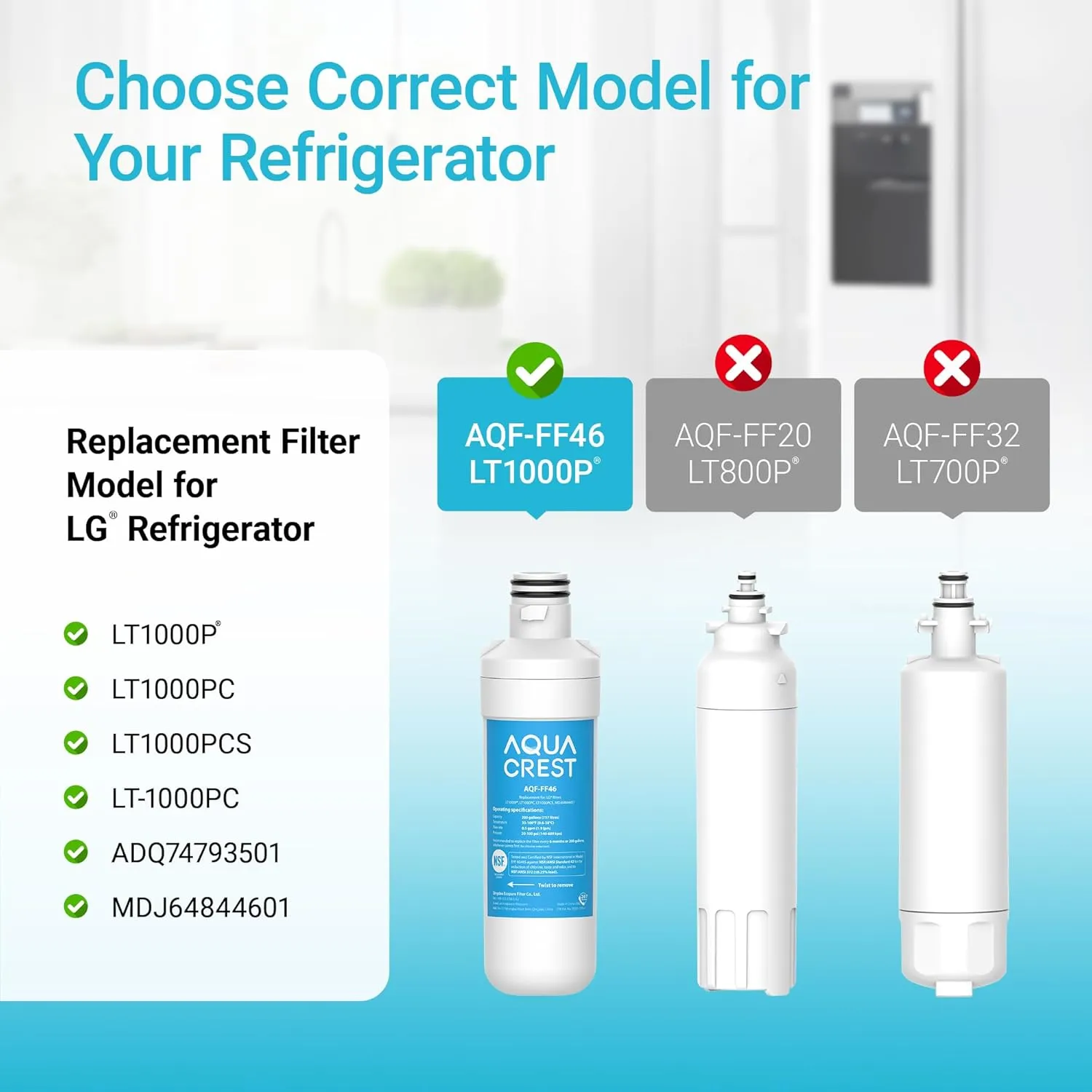 AQUA CREST LT1000PC ADQ747935 Replacement for LG® LT1000P®/PC/PCS ThinQ® Refrigerator Water Filter, LMXS28626S, LFXS26973S, MDJ64844601, ADQ74793501, ADQ74793502 and LT120F® Air Filter, 3 Combo
