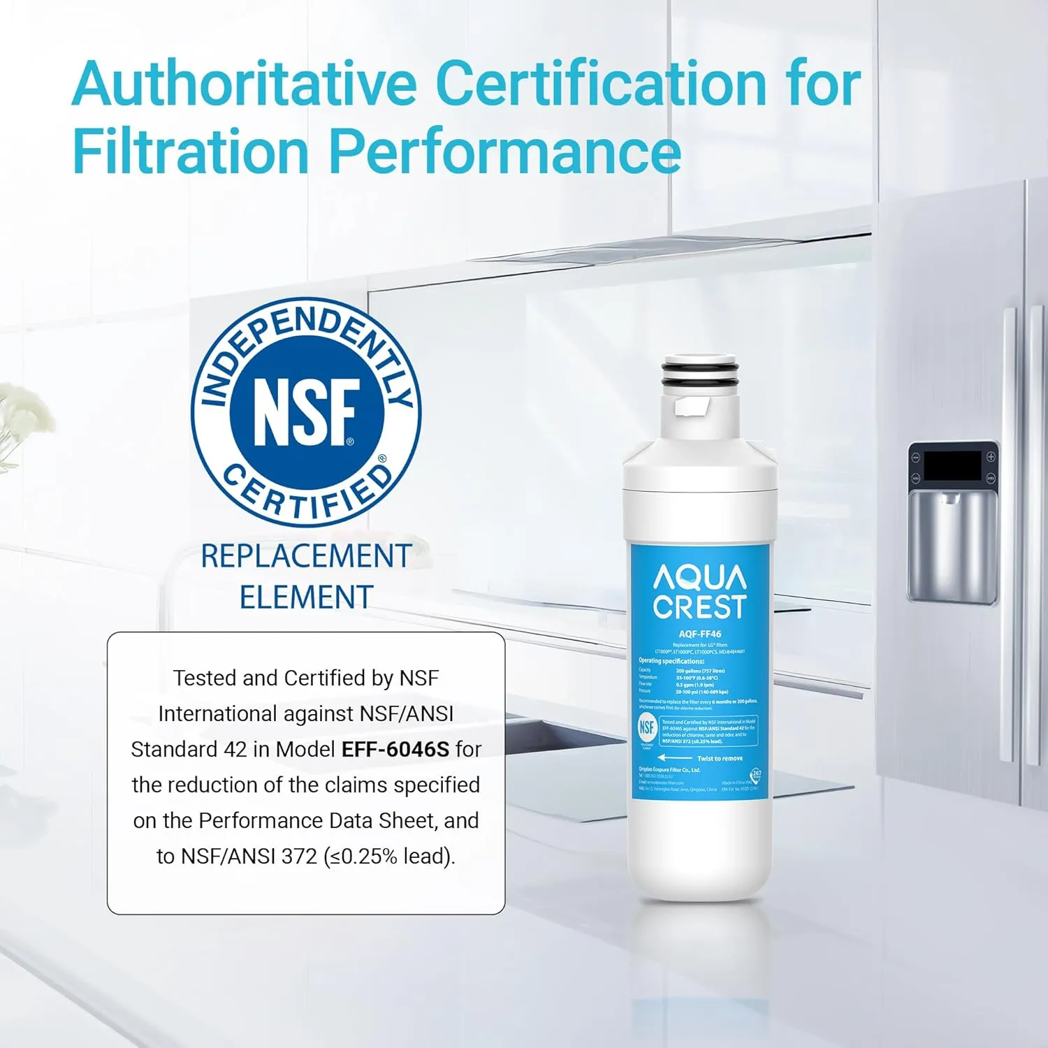 AQUA CREST LT1000PC ADQ747935 Replacement for LG® LT1000P®/PC/PCS ThinQ® Refrigerator Water Filter, LMXS28626S, LFXS26973S, MDJ64844601, ADQ74793501, ADQ74793502 and LT120F® Air Filter, 3 Combo