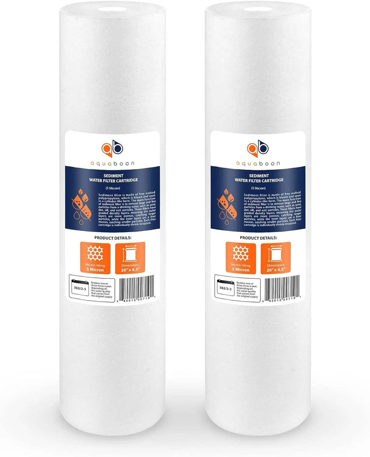 Aquaboon 5 Micron 20 x 4.5 Whole House Sediment Filter Cartridge 20 inch Water Filter Replacement Compatible with DGD-5005-20, FP25B, AP810-2, 2-Pack