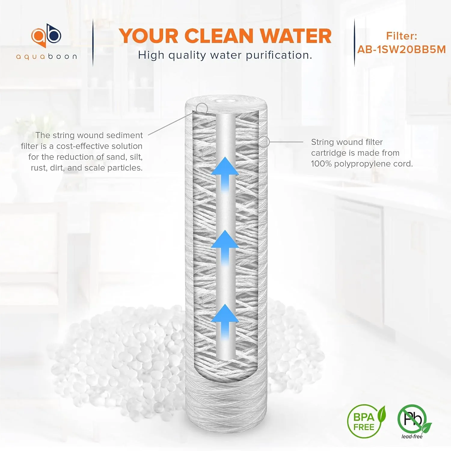 Aquaboon 5 Micron 20 x 4.5 Whole House String Wound Water Filter Replacement Cartridge for Well Water Filtration Compatible with WP5BB20P, 2-Pack