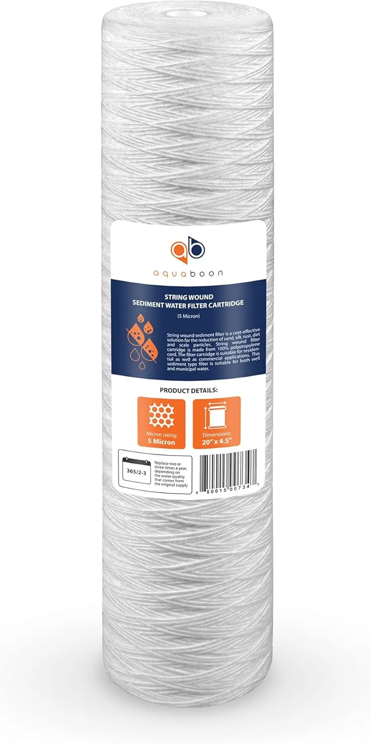 Aquaboon 5 Micron 20 x 4.5 Whole House String Wound Water Filter Replacement Cartridge for Well Water Filtration Compatible with WP5BB20P, 2-Pack