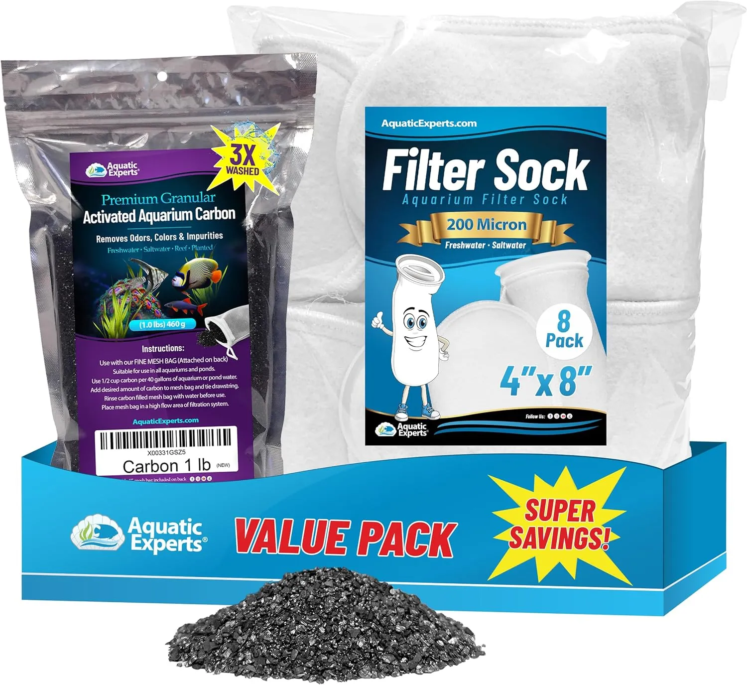Aquatic Experts 1lb Premium Activated Carbon and 4"x8" 200 Micron Felt Filter Socks - 8pack, Made in USA (Value Pack)