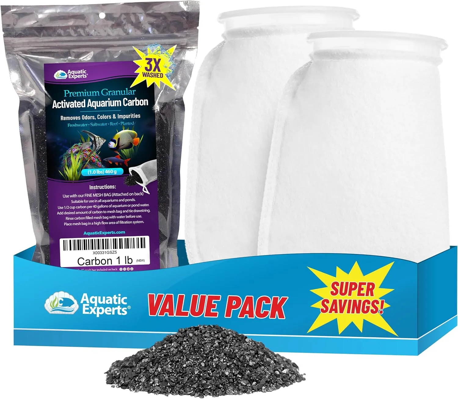 Aquatic Experts 4"x8" 200 Micron Felt Filter Socks - 2 Pack and 1lb Premium Granulated Activated Carbon, Made in USA (Value Pack)