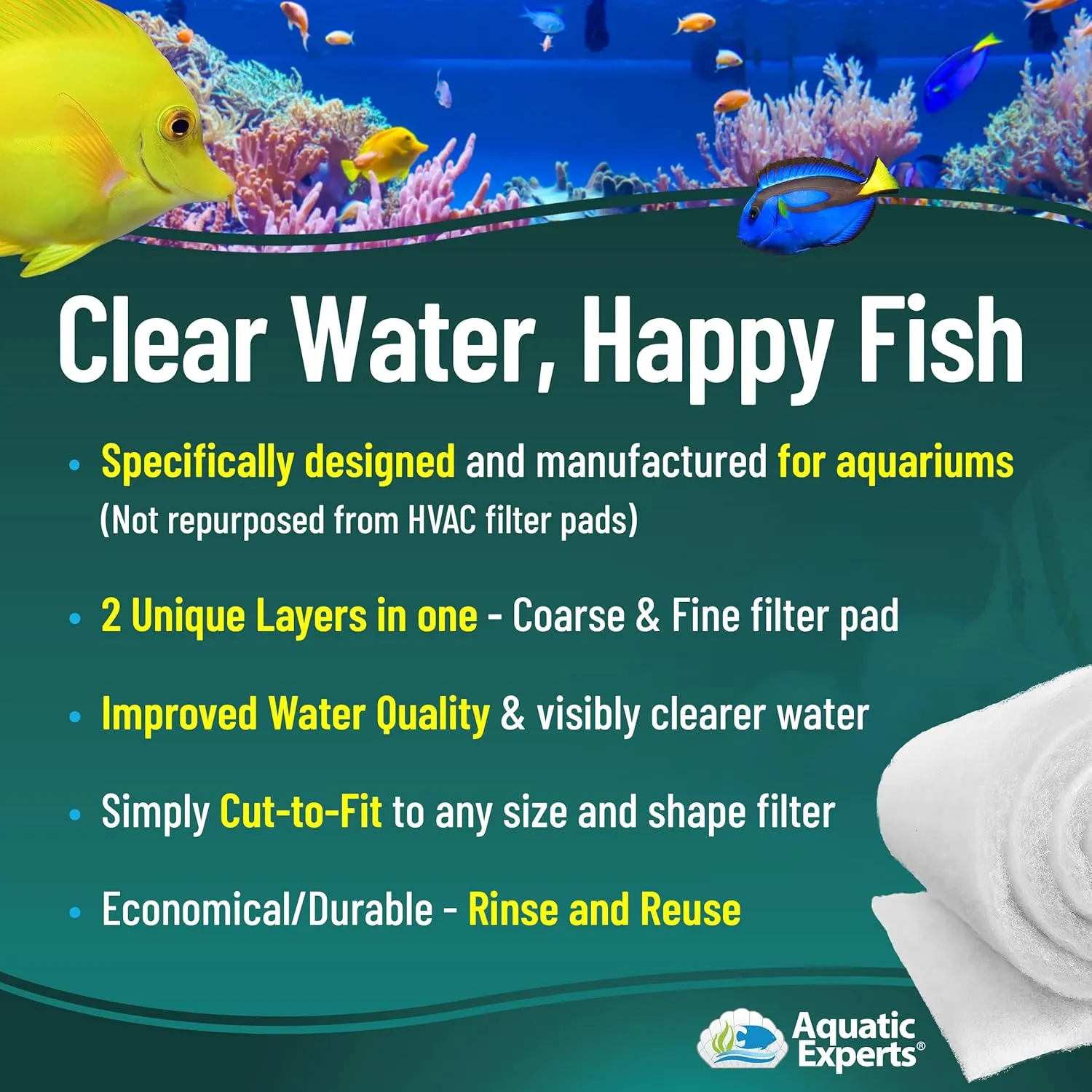 Aquatic Experts Aquarium Filter Floss for Fish Tank Filters - FilterFirst Aquarium Filter Pad - Media Roll for Crystal Clear Water, 3/4" - 1" Thick (12 Inch Wide, 72 Inch Long)