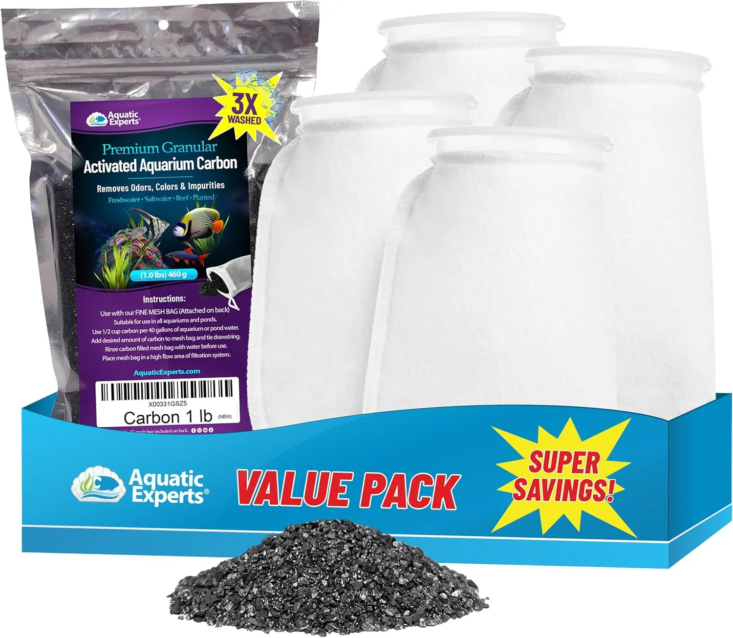 Aquatic Experts Premium Granulated Activated Carbon 1LB and 100 Micron Felt Filter Socks 4"x8" - 4 Pack, Made in USA (Value Pack)
